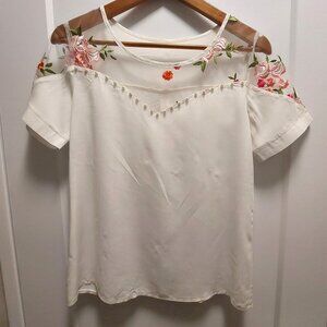 Women's White Short Sleeves Blouse w/Embroidered Florals Mesh Pearls - Size SML